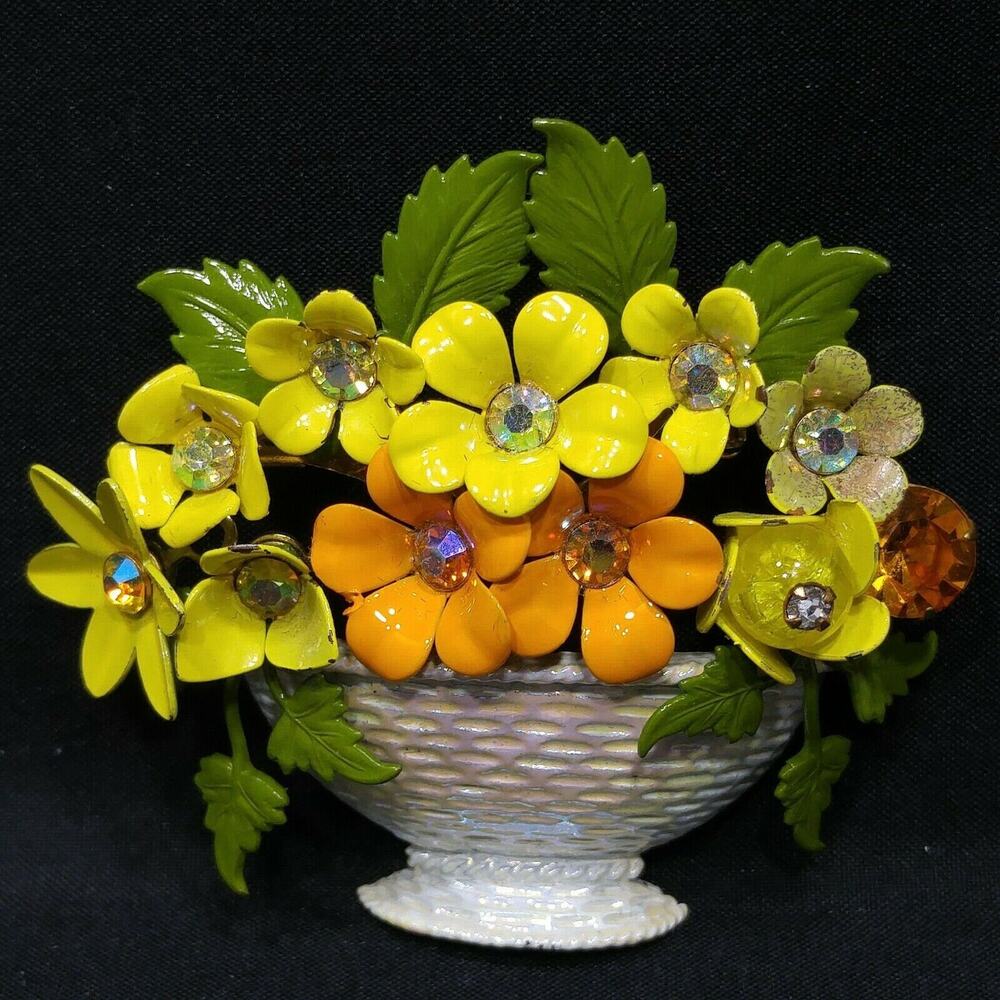 Vintage Enamel Flower Basket Brooch Yellow Orange Rhinestone 3D